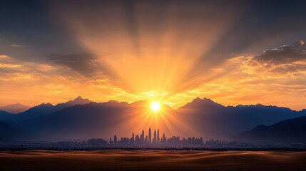Fototapeta premium Majestic Sunrise over Cityscape and Mountain Range Golden Hour Landscape Photography