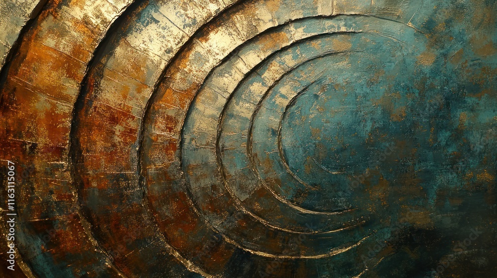 Poster abstract concentric circles with rustic, metallic texture.