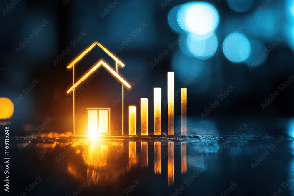 Poster rising bar graph indicating home value growth digital environment infographic visualization abstract