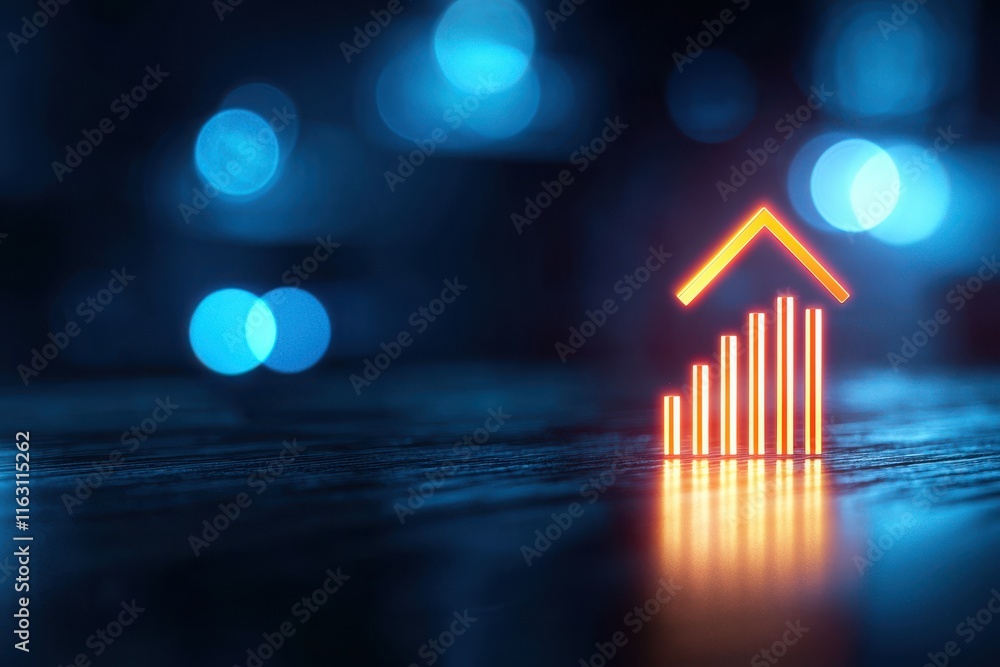 Poster rising bar graph symbolizing growth towards a house icon business analysis digital environment optim