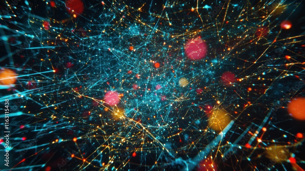 Poster abstract digital network, glowing lines and particles.