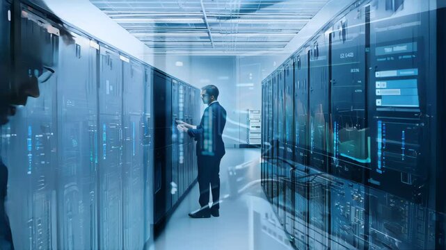 Professional Technician Inspecting Server Room with Data Storage Racks
