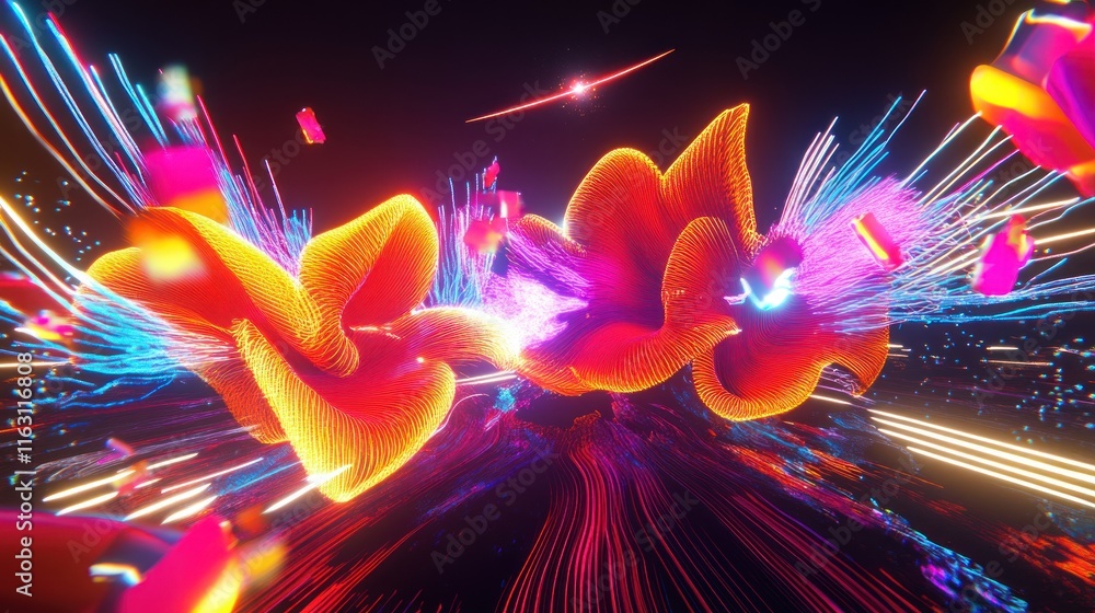 Poster abstract vibrant energy flow with light trails and particles.