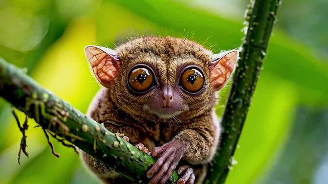 a tarsier  sitting on  a tree branch
