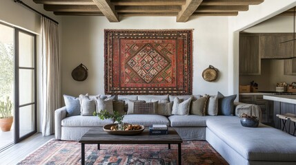 A home adorned with artisanal wall art and textiles, -