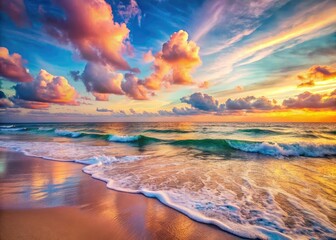 Pastel sunset serenades the ocean, tranquil night photography captures beach peace.