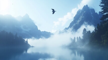 Majestic eagle soars over misty mountain lake.