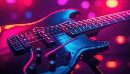Naklejka premium Bass guitar resting on a stand, glowing neon strings reflecting in soft stage lighting, sharp focus on texture, sleek modern concert setting, vibrant energy