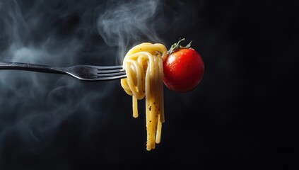 Steaming Hot Spaghetti with Cherry Tomato on a Fork