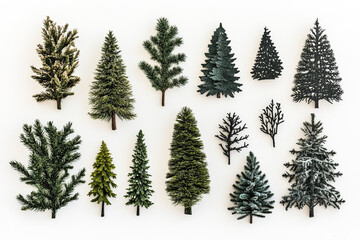 Obraz premium The image displays a variety of miniature Christmas trees and branches arranged neatly on a white surface