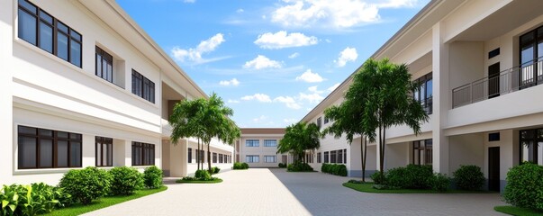 A bright and spacious courtyard surrounded by modern buildings and greenery under a clear blue sky.