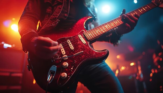 Electric guitar on stage with glowing neon strings and amplifiers, sharp focus on the guitar s details, vibrant concert lighting, dynamic and energetic scene