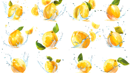 Set of fresh delicious lemons splashing with leaves, isolated on white background 