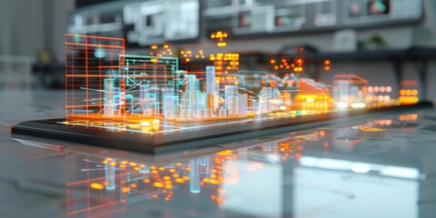 Futuristic cityscape hologram on a reflective surface; glowing grids and animated diagrams illustrate smart city planning & technology.
