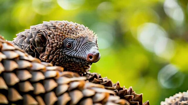 a baby pangolin  climbing on  a tree