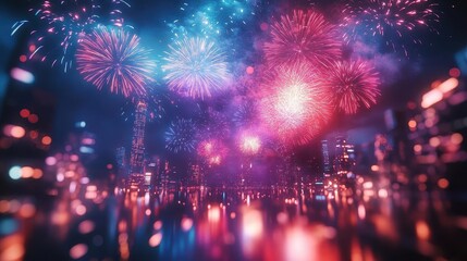 New Year s Eve fireworks with glowing neon light streaks across the sky, vibrant colors reflecting on a sleek modern cityscape, sharp focus on the celebration