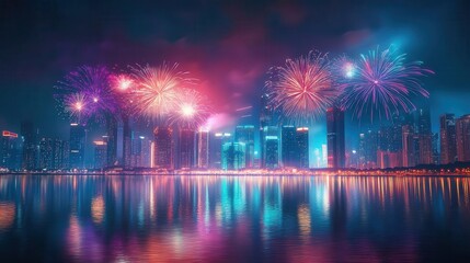 Fototapeta premium New Year s Eve fireworks with glowing neon light streaks across the sky, vibrant colors reflecting on a sleek modern cityscape, sharp focus on the celebration