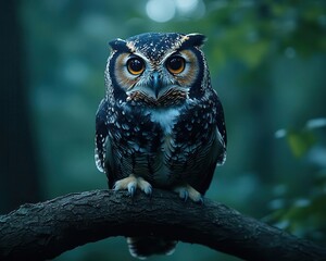 Obraz premium Owl perched on a tree branch at dusk, glowing soft moonlight on feathers, sharp focus on the owl s piercing eyes, mysterious and serene