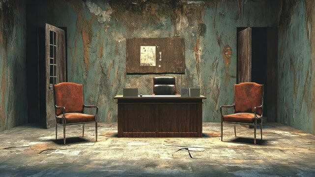 Eerie abandoned office with worn furniture and peeling paint.