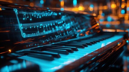 Sheet music on a piano, glowing holographic notes projected in mid-air, sleek modern background, neon lighting, sharp focus on details, clean and futuristic