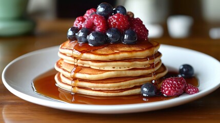 Delicious stack of buttermilk pancakes topped with fresh berries, maple syrup. Pancakes centered on plate. Sweet breakfast food. Morning light shines on country-style kitchen table. Sweet dessert