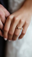 Elegant engagement ring on female hand with gold band and solitaire diamond
