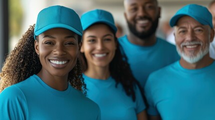 Smiling diverse group of volunteers wearing matching blue shirts and caps, promoting community service, teamwork, and positive engagement, standing together in supportive environment.