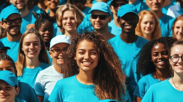 Diverse group of cheerful volunteers wearing matching turquoise t-shirts and caps, smiling together outdoors, representing unity and community spirit during charity event, copy space.