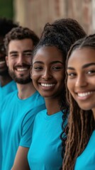 Diverse group of smiling volunteers wearing matching blue shirts