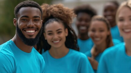 Group of diverse young volunteers smiling joyfully at community event, sharing positive energy and teamwork, united in purpose, wearing matching blue t-shirts, representing camaraderie and service.
