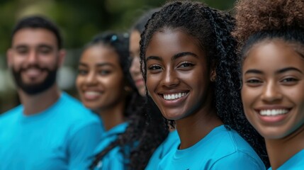 Diverse group of young volunteers smiling brightly, wearing matching blue shirts, standing together outdoors, promoting teamwork and community service, sharing positive energy and enthusiasm.