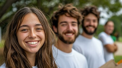 Smiling diverse group of four young volunteers standing outdoors, wearing matching t-shirts, ready to make a positive impact, enthusiastic about community service and helping others.