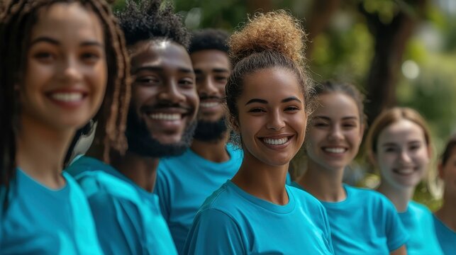Group of diverse young volunteers smiling joyfully in matching blue t-shirts, posing outdoors, celebrating teamwork and community service, promoting positive change together.
