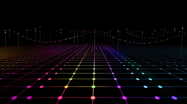 A clean, minimalistic scatter plot features vibrant neon data points dynamically fluctuating across a smooth grid interface, showcasing trends and variations in a visually engaging format.
