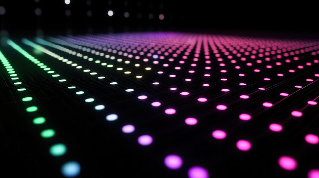 A clean, minimalistic scatter plot features vibrant neon data points dynamically fluctuating across a smooth grid interface, showcasing trends and variations in a visually engaging format.
