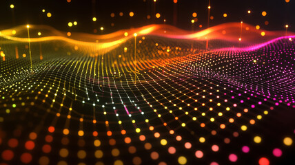 Fototapeta premium A clean, minimalistic scatter plot features vibrant neon data points dynamically fluctuating across a smooth grid interface, showcasing trends and variations in a visually engaging format. 