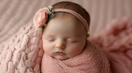 A peaceful sleeping baby wrapped in a pink blanket with a floral headband.