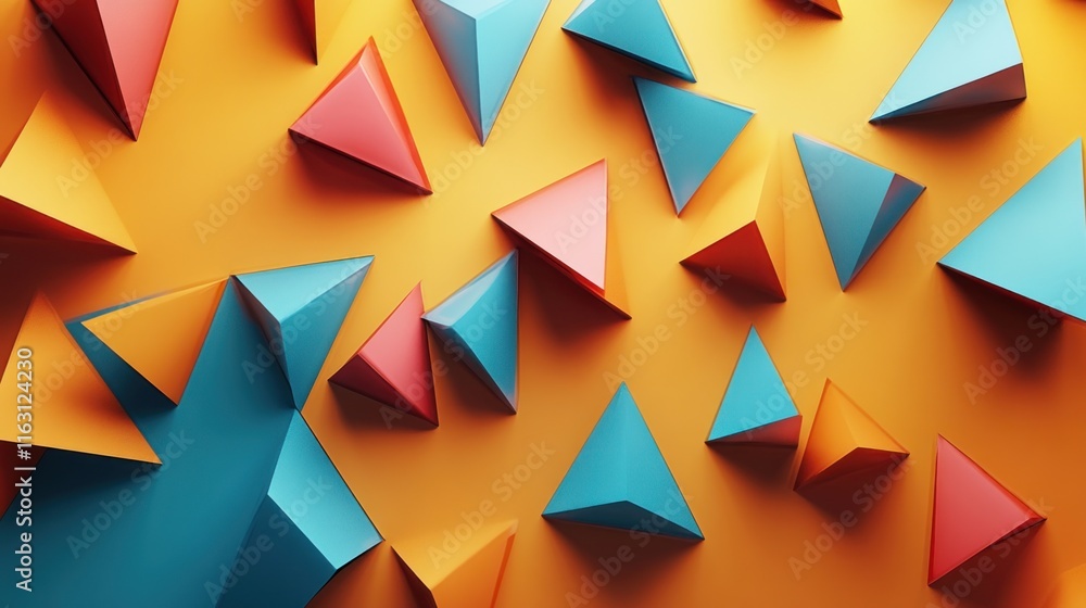 Poster abstract background with scattered colorful pyramids.