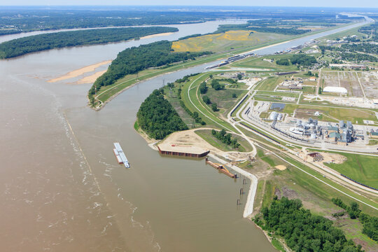 Aerial view of chain of rocks canal adjacent to the Mississippi River near Granite City, Illinois.