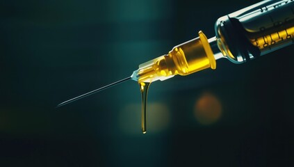 Syringe with Golden Liquid Dripping: Medical, Pharmaceutical, or Scientific Concept