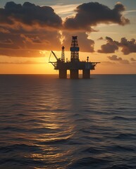 Offshore oil rig silhouette at sunset showcasing energy production and industrial infrastructure in the middle of the ocean with dramatic clouds and serene waves, highlighting sustainable energy explo