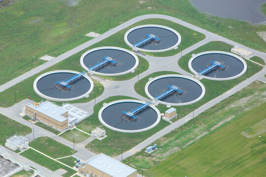 Aerial view of waste water treatment plane near St. Louis, Missouri, USA.