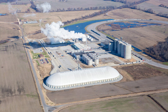 Aerial view of ethanol production plant near Obion, Tennessee, USA