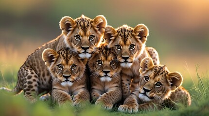 Naklejka premium Adorable trio of lion cubs cuddling in the wild, showcasing their captivating expressions, intricate fur patterns, and playful bond against a blurred natural background, highlighting African wildlife