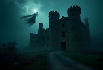 Obraz premium Ghostly Figure Soaring Near Ancient Castle Night Fog Moon