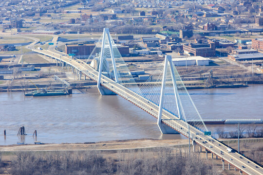 Aerial view of Stan Musial Veterans Memorial Bridge near St. Louis, Missouri, USA