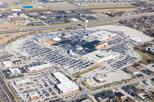Aerial view of suburban St. Louis shopping mall during the holiday season.