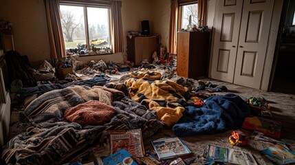 A disheveled living room with blankets, toys, and magazines scattered around 