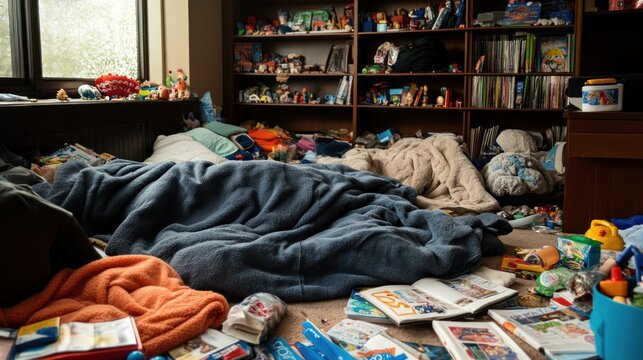 A disheveled living room with blankets, toys, and magazines scattered around 