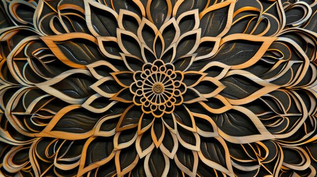 Intricate Wooden Mandala with Golden Hues